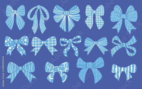 Blue decorative bow ribbon set. Isolated textured elegant girly coquette aesthetic elements. Vector illustration. Trendy striped, dotted, checkered bow-knot hand drawn accessories