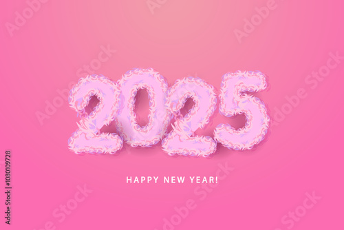 Realistic soft fluffy pink numbers of 2025 and festive confetti on a bright background. Vector festive illustration. Happy New Year 2025. Christmas decoration. A decorative element with tinsel