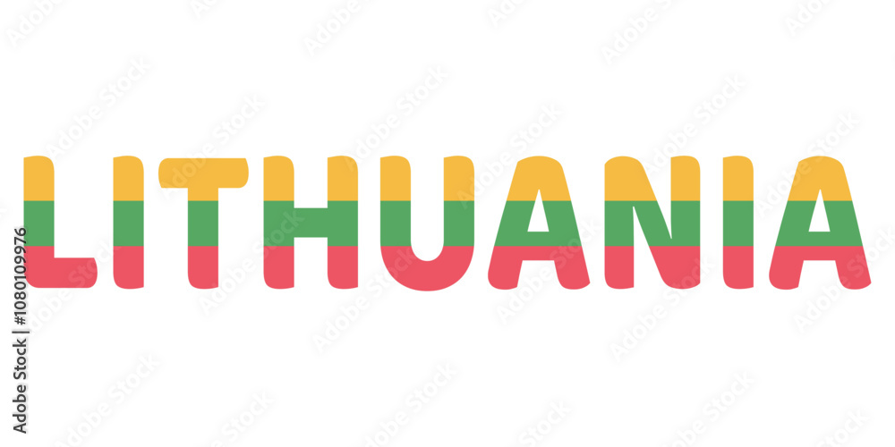The country name LITHUANIA is displayed in large, bold letters. Each letter is filled with the colors and symbols of the Lithuanian flag. The country name LITHUANIA is displayed in large, bold letters. Each letter is filled with the colors and symbols of the Lithuanian flag.