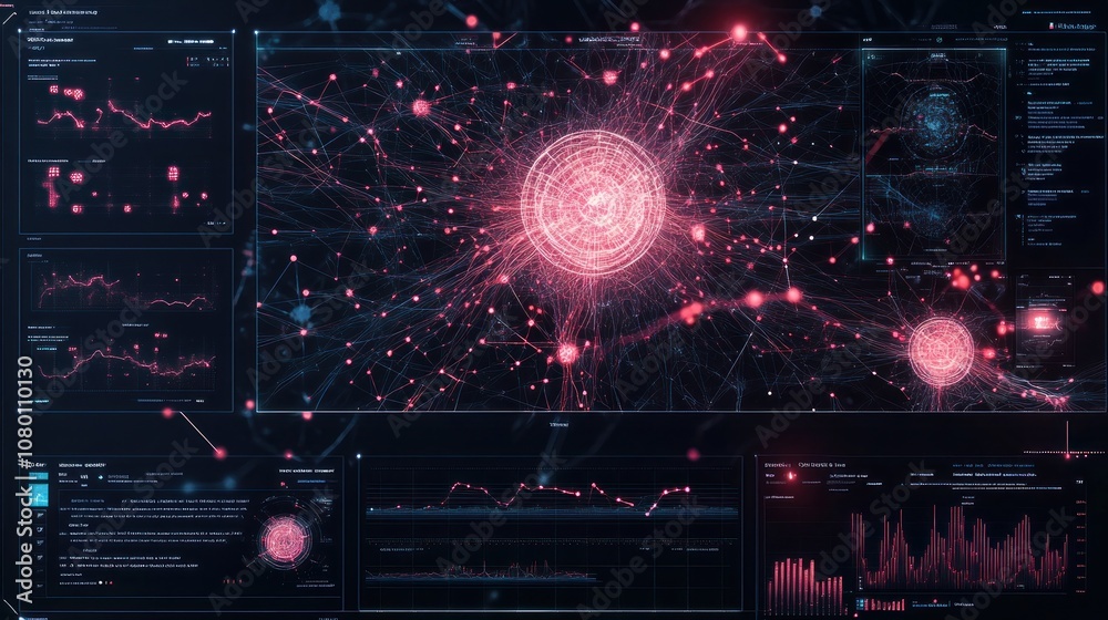 Obraz premium A complex network of data points connected by glowing lines, representing a data flow or a neural network.