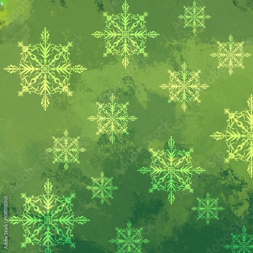 Green color  christmas background and snowflakes  winter pattern 