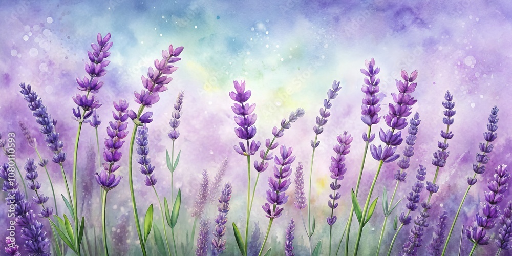 Watercolor Lavender Field with a Soft, Dreamy Sky and Blurred Light Effects Watercolor Lavender Field with a Soft, Dreamy Sky and Blurred Light Effects