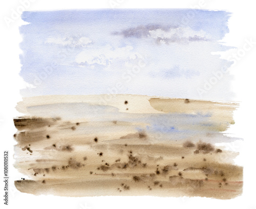 Scenery landscape, cloudy blue sky, green meadow field moorland pasture prairie grass land, hand drawn in watercolor. Illustration for tourism, resort ads, hiking camping sites vacation, nature maps.