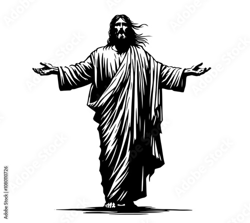 jesus christ illustration with open arms in classic religious style black vector