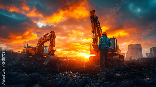 Construction Worker with Excavators at Sunset - Realistic Image