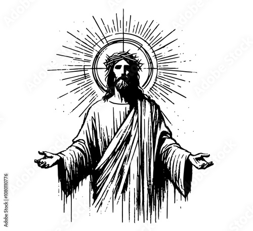 jesus christ standing with welcoming arms religious sketch black vector