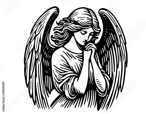 traditional angel artwork in vintage-inspired line art style black vector