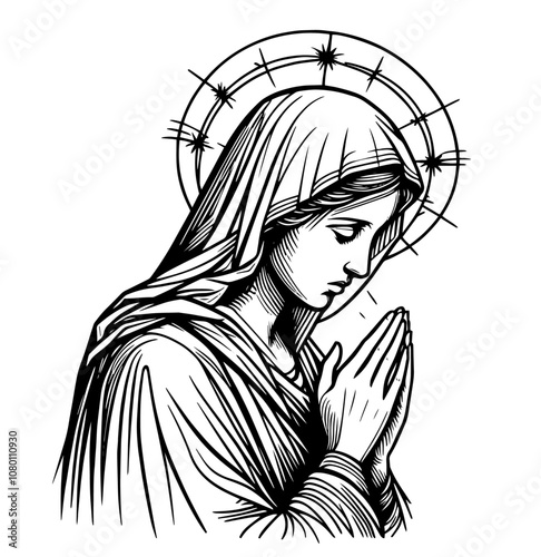 sacred portraits of mother mary with halos and prayer gesture black vector