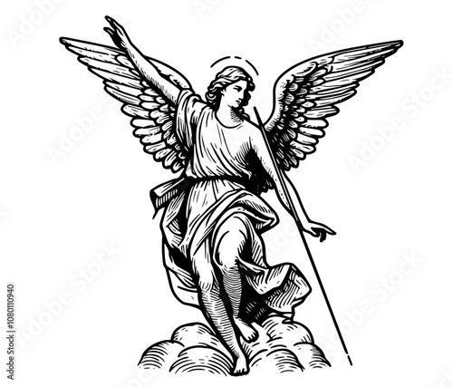 graceful angel portrait with majestic wings and serene expression black vector