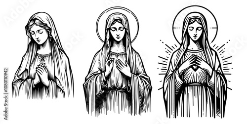 virgin mary portrait set with peaceful expressions in religious style black vector