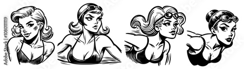 artistic sketch of stylish retro lady in black and white
