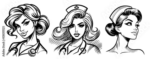 charming nurse woman holding stethoscope retro pinup design black vector