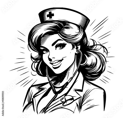 retro nurse woman portrait with flowing hair and stethoscope black vector