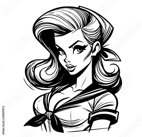 retro-inspired sailor woman portrait in bold black vector design