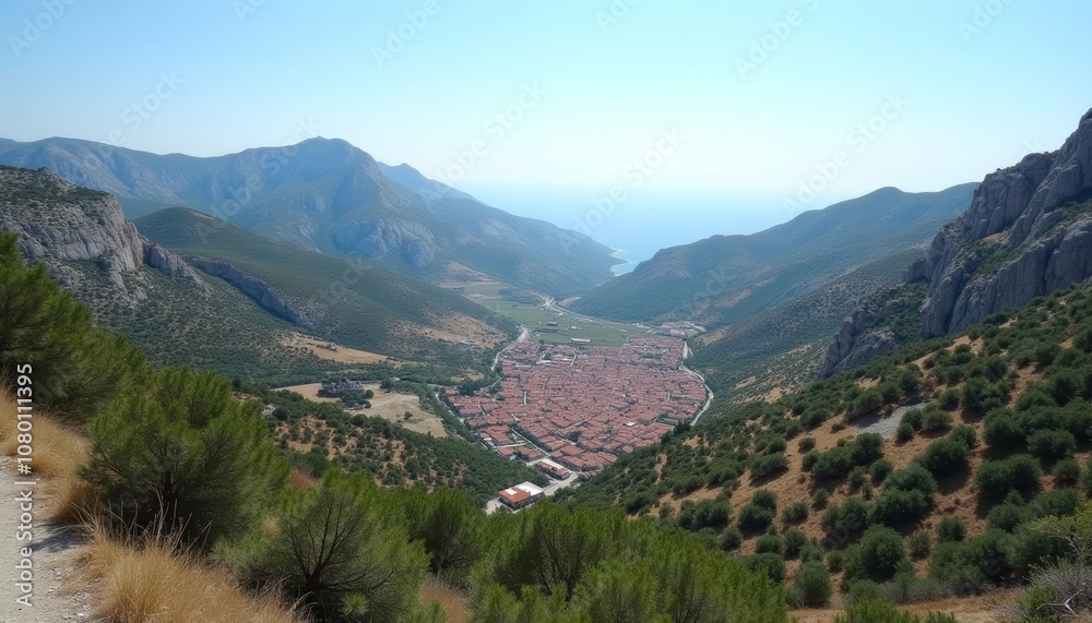 Elevated view of a coastal town nestled between mountains Elevated view of a coastal town nestled between mountains
