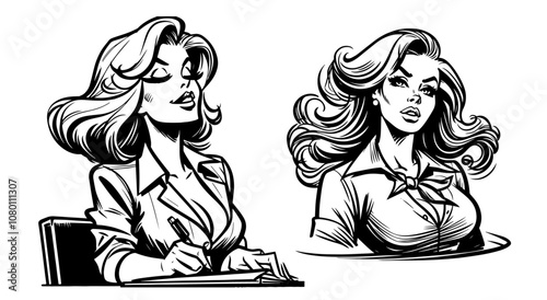 artistic sketch of stylish retro lady in black and white