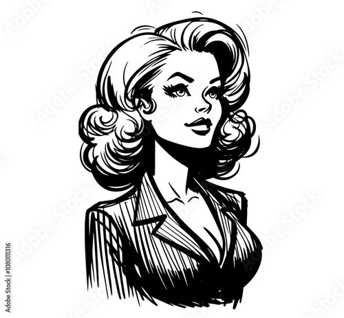 artistic sketch of stylish retro lady in black and white