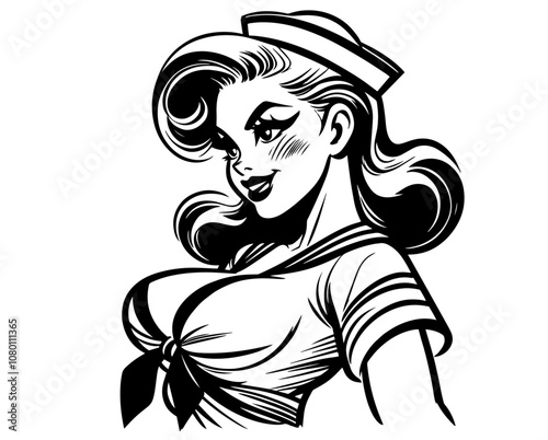 retro pinup sailor girl portrait black vector illustration