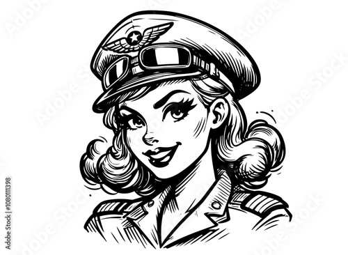 vintage pilot-themed pinup woman illustration black vector style