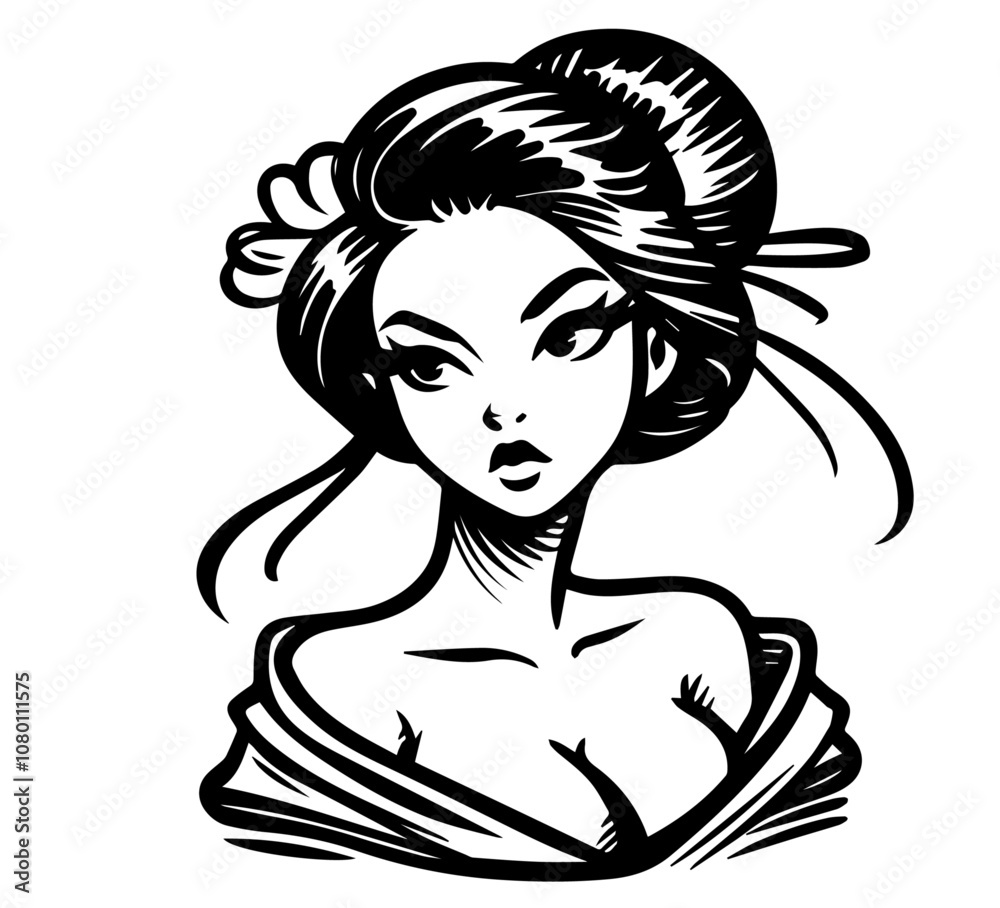 geisha character with floral elements and hair sticks black vector geisha character with floral elements and hair sticks black vector