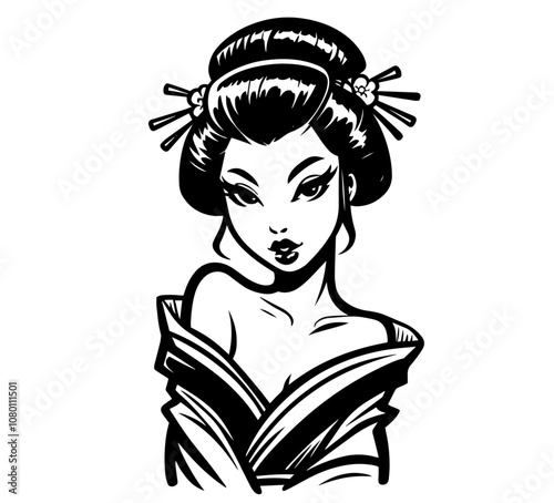 artistic representation of a geisha with floral accents black vector