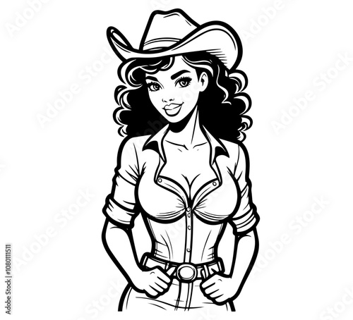 elegant cowgirl with plaid outfit and hat pinup illustration black vector