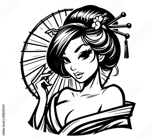 japanese geisha with delicate floral decor and kimono black vector