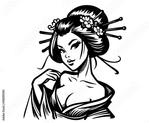 beautiful geisha in traditional attire and accessories black vector