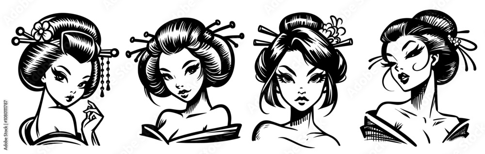 japanese geisha beauty in pinup pose – black vector silhouette