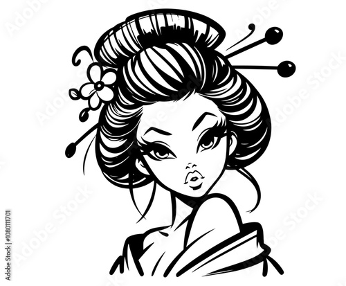 elegant geisha woman with floral hair accessory in traditional pose – black vector