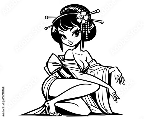 graceful pinup geisha seated in traditional attire – black vector illustration