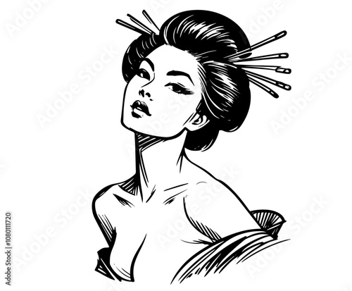 vintage style geisha in traditional japanese attire – black vector silhouette