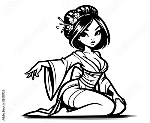 traditional japanese geisha in elegant pose with floral hairpiece – black vector