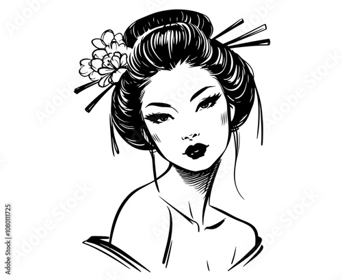 beautiful pinup style geisha with flowers and traditional outfit – black vector