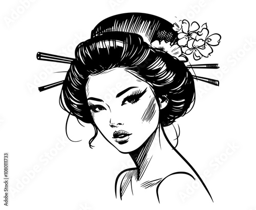 vintage style geisha in traditional japanese attire – black vector silhouette
