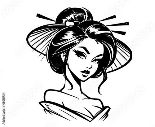 vintage style geisha in traditional japanese attire – black vector silhouette