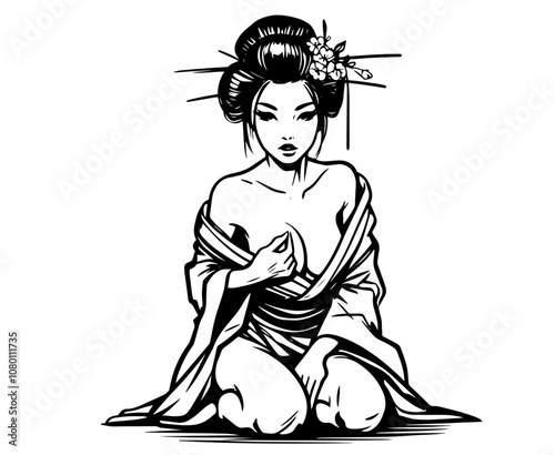 serene japanese geisha in seated pose with delicate expression – black vector