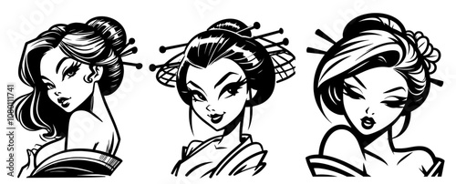 beautiful pinup geisha character in traditional attire – black vector