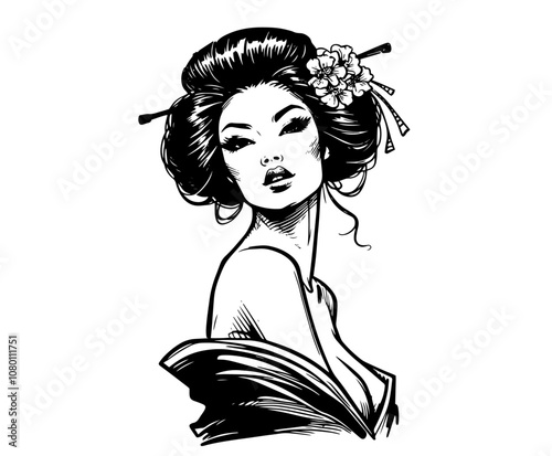 alluring geisha portrait in pinup style – black vector silhouette