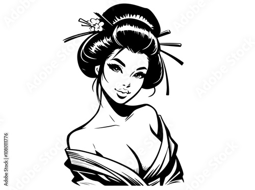 classic japanese pinup geisha with seductive expression – black vector