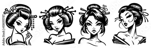 japanese geisha beauty in pinup pose – black vector silhouette