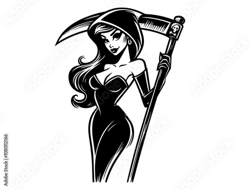 seductive grim reaper woman holding a scythe in pin-up style black vector