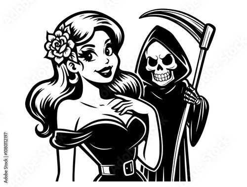 seductive grim reaper woman holding a scythe in pin-up style black vector