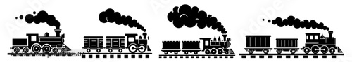 retro steam locomotive with carriages – black shape logo design