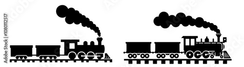 elegant steam train logo with carriages – black shape illustration