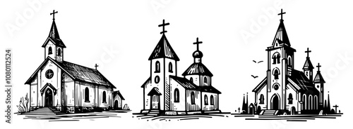 vintage chapels with crosses – black vector set of traditional churches