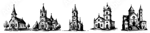 collection of traditional churches – black vector line art illustrations