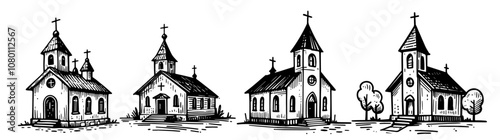 vintage church illustrations set – black vector sketch of historical chapels