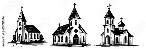 detailed church building illustrations – black vector set with steeples and windows