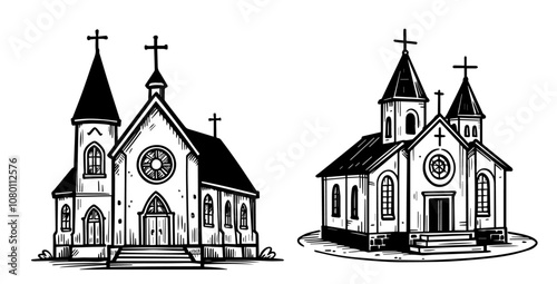 variety of classic church designs – retro architectural black line art collection